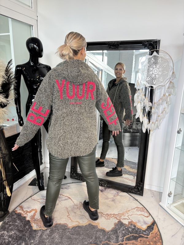 Leichte Jacke in Wolloptik mit Rückenprint khaki one Size 38-44 # 1013