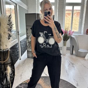 Leinshirt mit Fahrrad Print schwarz one Size 38-42/44 #1050