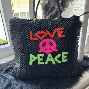 Basttasche / Strandtasche Love & Peace Schwarz