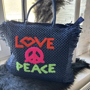 Basttasche / Strandtasche Love & Peace Dunkelblau
