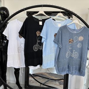 Leinen T-Shirt mit Fahrrad Print one Size 38-44 #1116